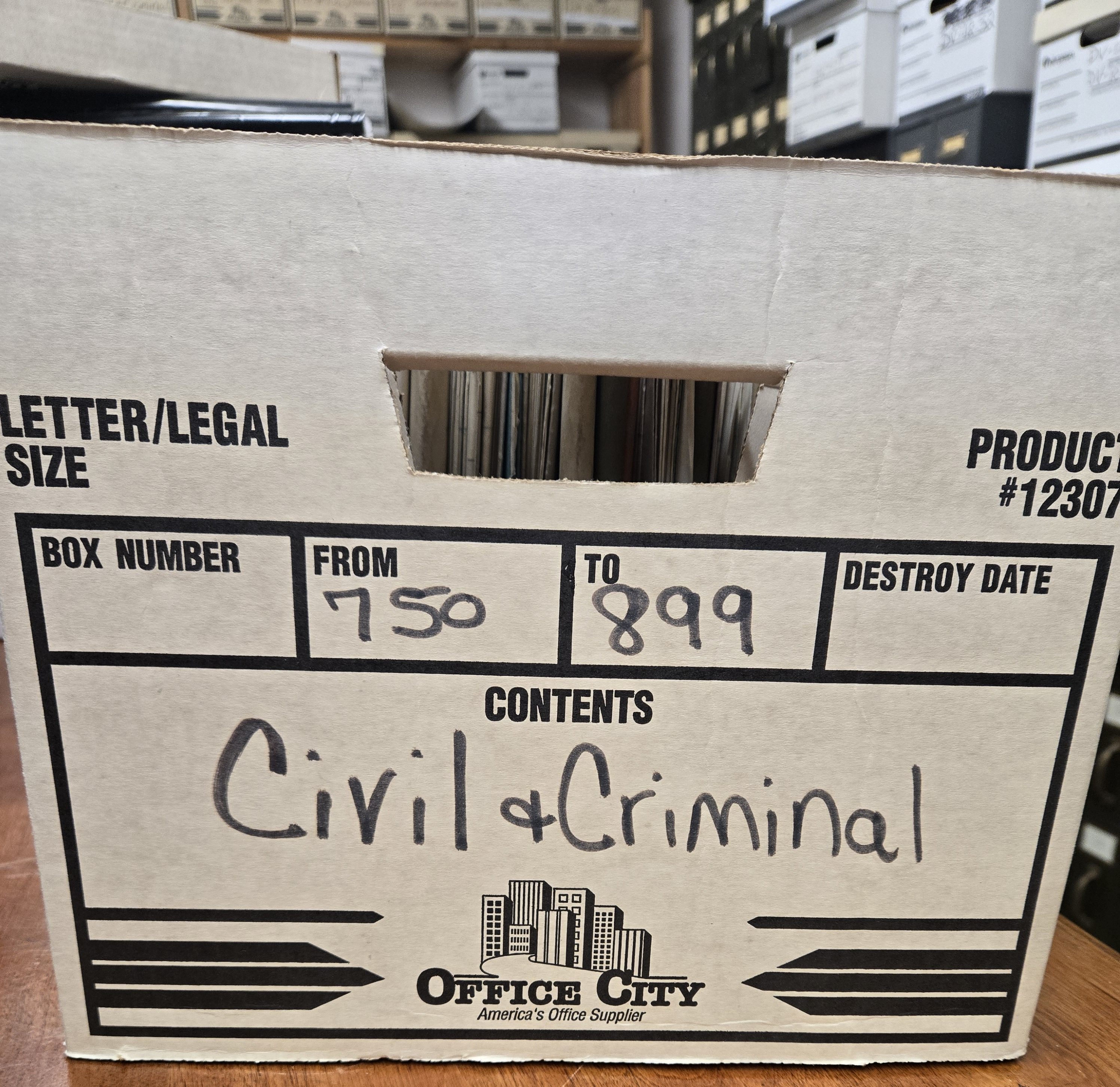 Photo of a cardboard box marked Civil and Criminal 750-899.